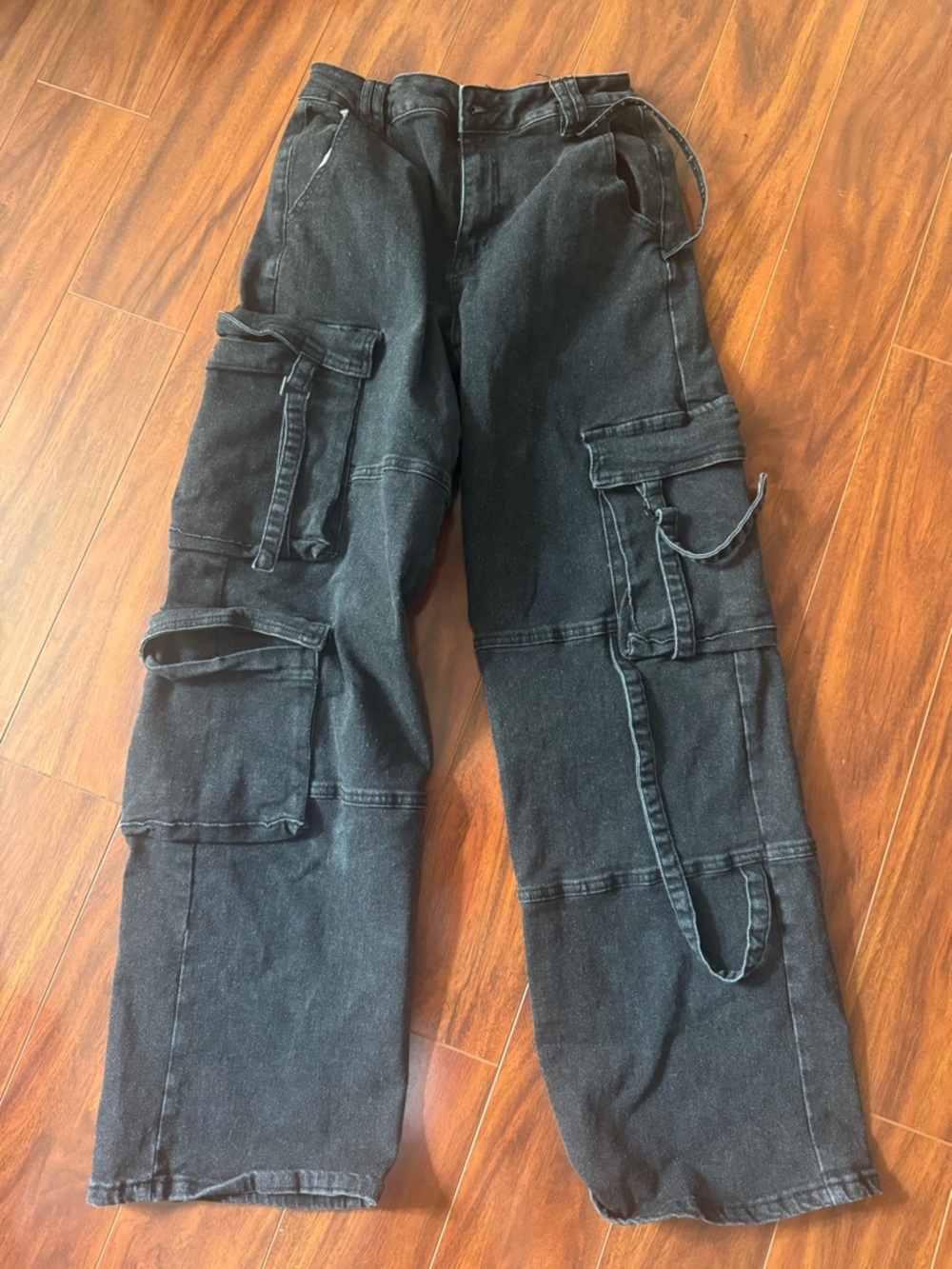 Fashion Nova Washed Black Cargo Utility Pants with Strap Details